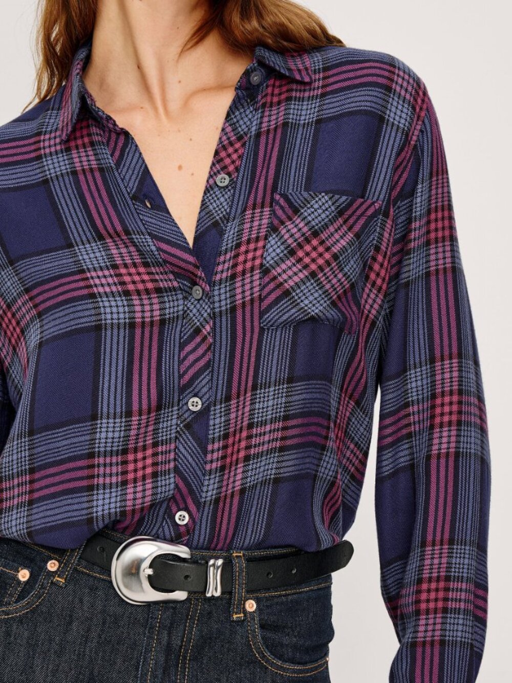 Rails Hunter Plaid Long Sleeve Shirt in Navy Rose Astor - Size M - Picture 2 of 14
